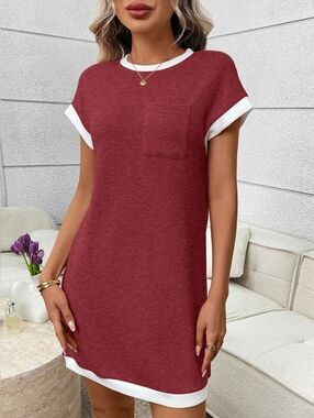 Ribbed Short Sleeve Shift Dress in Deep Burgundy with White Trim
